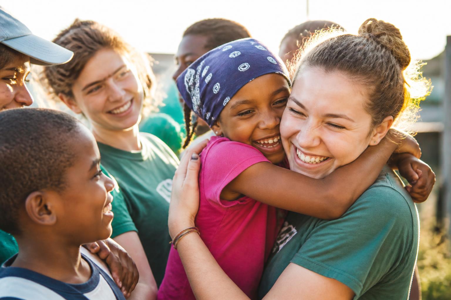 Volunteer hugging a smiling child surrounded by friends